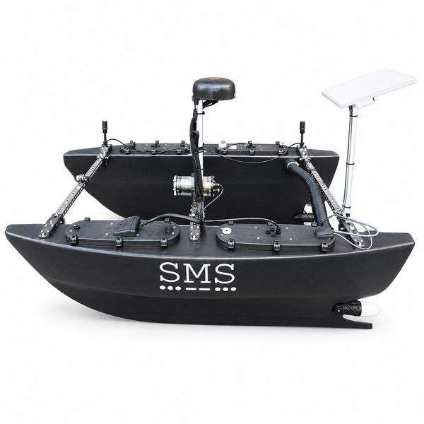 Tyrsky unmanned surface vessel, three-quarter side view with the SMS logo on the hull