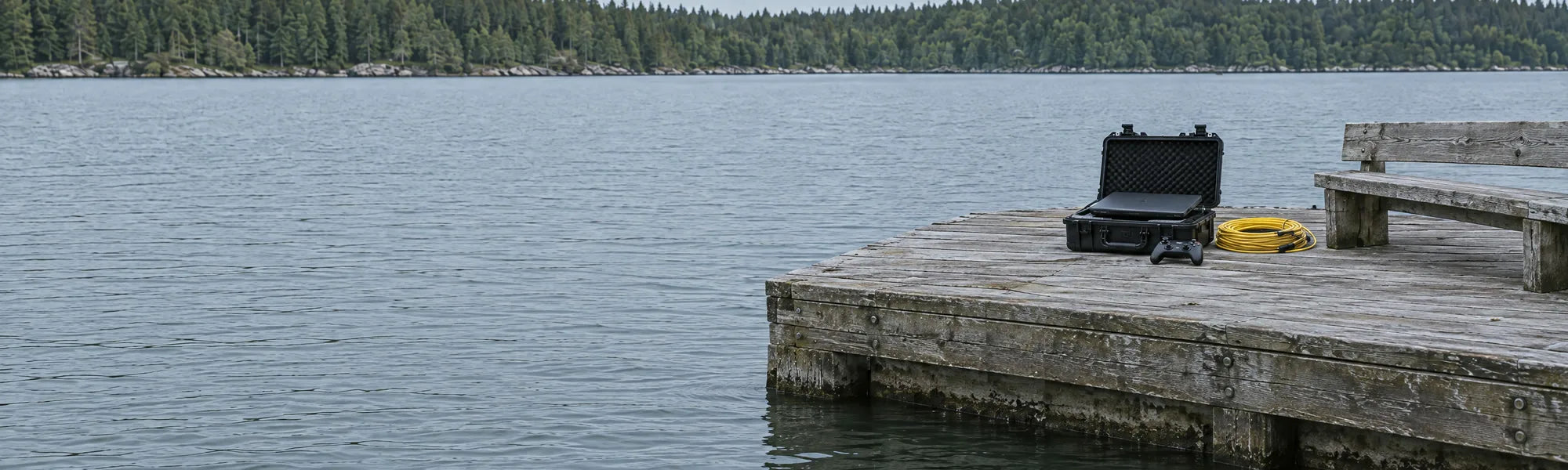 An open equipment case with a laptop, a controller and a coiled yellow tether on a wooden pier by calm water