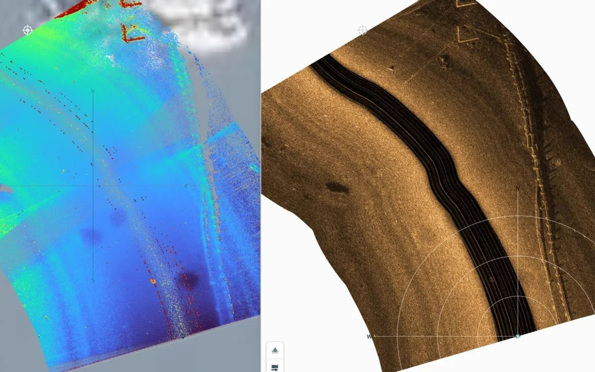 3D bathymetry and side-scan sonar imagery of a harbour bottom, with a water pipeline showing as a dark band