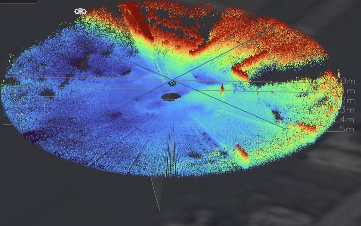 3D sonar point cloud of the bottom around a boat ramp, coloured by depth